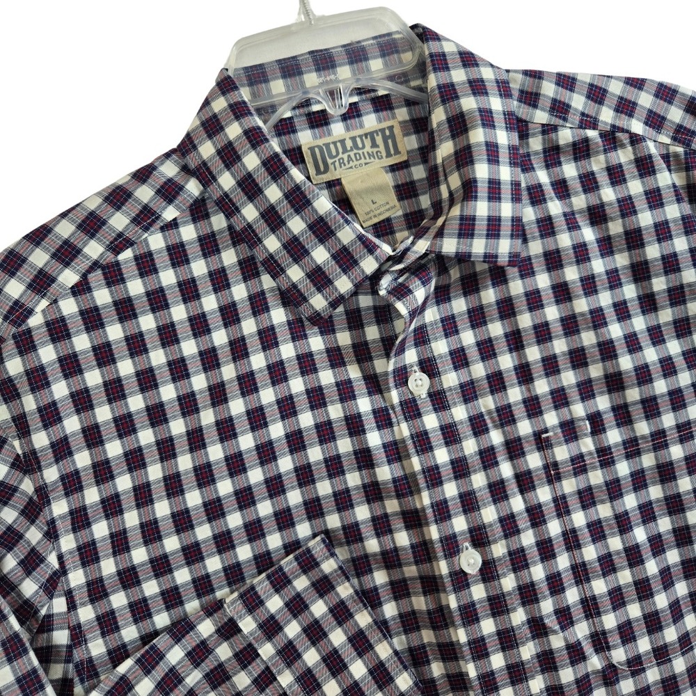 Duluth Trading Co Mens Size Large Navy‎ Blue Red Plaid Button Long Sleeve Shirt